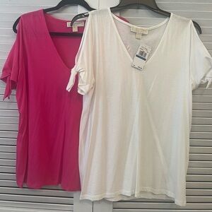 NWT Michael Kors Short Sleeve V-Neck Tops - Pink and White